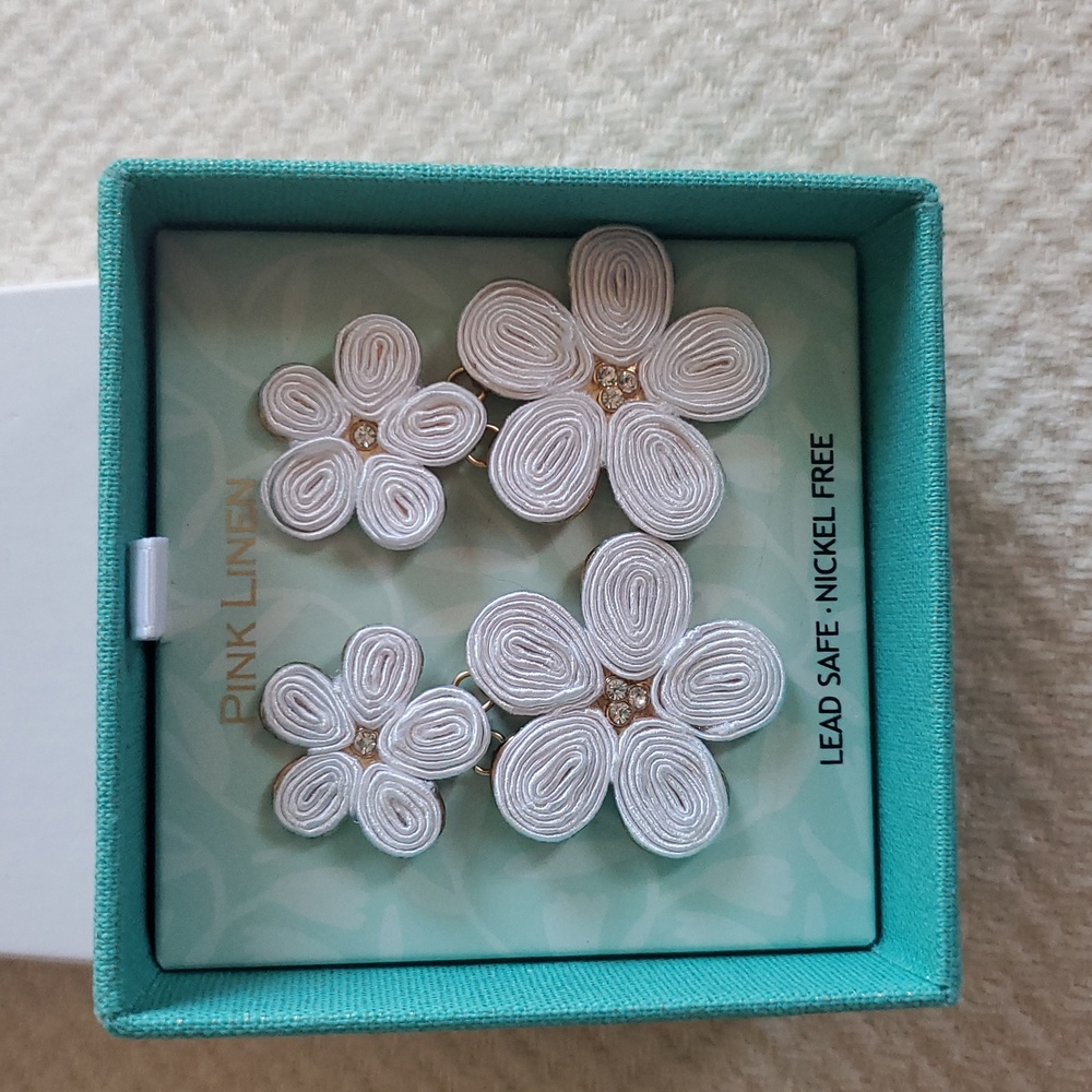 Pink Linen White Corded Flower Drop Earrings